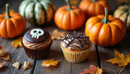 Delicious Halloween-themed cupcakes sit among vibrant orange pumpkins and autumn leaves, creating a festive atmosphere. One cupcake features a playful skull design, while the other is adorned with a spooky spider web, perfect for celebrating the Halloween season.の素材