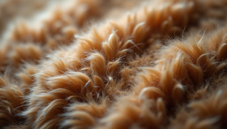 This close-up image captures the luxurious texture of golden fur, showcasing its soft, fluffy strands that create a warm and inviting atmosphere. The rich, golden hues and intricate details evoke feelings of comfort and coziness, making it perfect for designs that emphasize warmth and softness.の素材