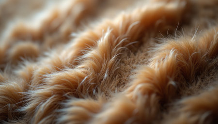 This close-up image showcases a plush, golden-brown fur texture, inviting touch and warmth. The delicate strands create a wave-like pattern, evoking feelings of comfort and coziness, perfect for home decor or fashion.の素材