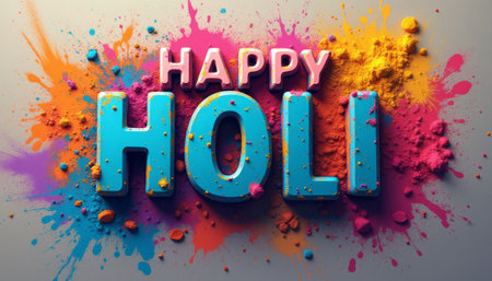 The image showcases the festive spirit of Holi, featuring bold, 3D letters spelling HAPPY HOLI surrounded by a burst of vibrant colored powders. This lively composition captures the joy and exuberance of the festival, symbolizing love, unity, and the arrival of spring.の素材