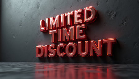 The image features striking red 3D text that reads LIMITED TIME DISCOUNT against a textured dark wall. This eye-catching design conveys urgency and excitement, perfect for promotional materials aimed at attracting customers.の素材