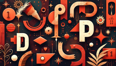 This captivating abstract artwork features a dynamic arrangement of shapes and symbols in warm tones, evoking a sense of celebration. The interplay of geometric forms, festive motifs, and rich colors creates an energetic atmosphere, perfect for holiday-themed designs.の素材