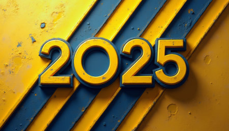 The image features the year 2025 prominently displayed in bold, three-dimensional numbers against a textured background of vibrant yellow and blue stripes. This striking design evokes a sense of optimism and excitement for the upcoming year, making it perfect for New Year celebrations and promotional materials.の素材