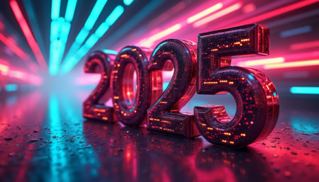 The image showcases the year 2025 in sparkling, reflective numbers, illuminated by dynamic blue and red light streaks. This vibrant scene captures the excitement and anticipation of the New Year, creating a festive atmosphere filled with energy and celebration.の素材