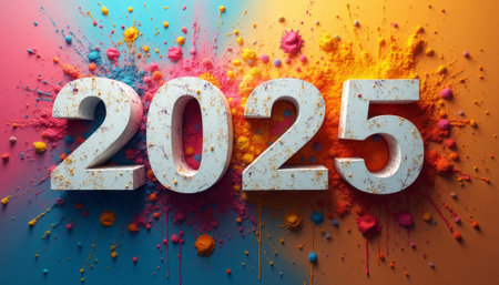 The bold numbers 2025 stand out against a dynamic background of vibrant colors, splattered paint, and energetic hues. This lively image captures the excitement and anticipation of the New Year, symbolizing fresh beginnings and joyful celebrations.の素材