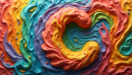 A mesmerizing swirl of vibrant colors creates a dynamic and playful abstract design, evoking a sense of joy and creativity. The rich textures and bold hues of blue, orange, yellow, and green blend seamlessly, inviting viewers to explore the depths of artistic expression.の素材