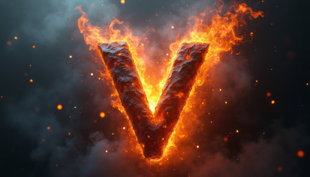 A bold letter V emerges from a backdrop of swirling smoke and embers, radiating intense heat and energy. The fiery texture and vibrant colors create a dramatic focal point, symbolizing power and passion.の素材