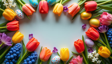 A stunning arrangement of tulips, hyacinths, and Easter eggs forms a cheerful border on a soft blue background. This lively composition captures the essence of spring and the joy of Easter celebrations, inviting warmth and happiness into any space.の素材