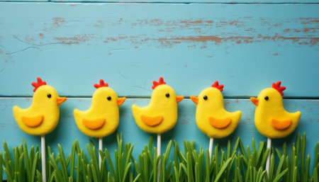 Five adorable yellow chick lollipops with bright orange beaks and red combs stand playfully in lush green grass against a charming blue wooden background. This delightful scene evokes a sense of joy and whimsy, perfect for celebrating springtime or Easter festivities.の素材