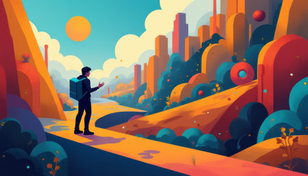 A lone hiker stands on a vibrant path, gazing at a surreal landscape filled with colorful hills and futuristic structures. This captivating scene invites viewers to explore the harmony between nature and imagination, evoking a sense of adventure and wonderの素材