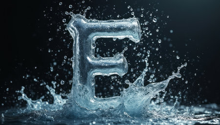 A striking image captures the letter E sculpted from water, surrounded by a dramatic splash that conveys energy and movement. The dark background enhances the clarity of the water, creating a mesmerizing visual that symbolizes fluidity and creativity.の素材