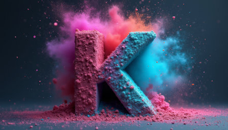 A striking letter K emerges from a burst of vivid colored powders, creating a dynamic and energetic scene. The explosion of pink and blue hues evokes a sense of creativity and excitement, making it perfect for artistic projects or branding.の素材