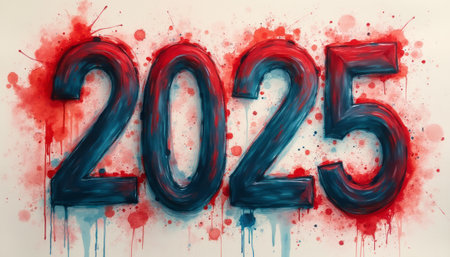 A striking visual of the number 2025 is artistically ed in vibrant red and blue hues, splattered against a white background. This dynamic artwork captures the excitement and anticipation of the upcoming year, inviting viewers to embrace new beginnings and possibilities.の素材
