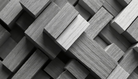 An artistic composition of interlocking gray wooden blocks creates a visually striking pattern, showcasing the beauty of simplicity and texture. The varying shades of gray and the geometric arrangement evoke a sense of modernity and sophistication, perfect for design enthusiasts.の素材