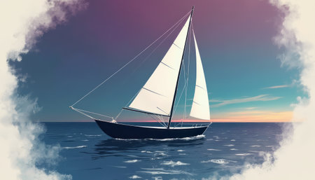 A stunning sailboat with billowing white sails gracefully navigates the calm sea, bathed in the warm hues of a sunset. The serene atmosphere evokes a sense of freedom and adventure, inviting viewers to dream of distant horizons and peaceful journeys.の素材