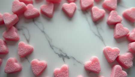 A delightful arrangement of soft pink heart-shaped candies creates a playful and romantic atmosphere on a sleek marble surface. These sugary treats evoke feelings of love and joy, perfect for celebrations or sweet moments shared with loved ones.の素材