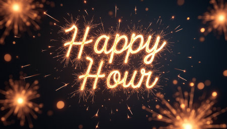 The image features the glowing words Happy Hour crafted from sparkling lights, surrounded by vibrant bursts of fireworks. This lively scene radiates joy and celebration, perfect for inviting friends to unwind and enjoy special moments together.の素材