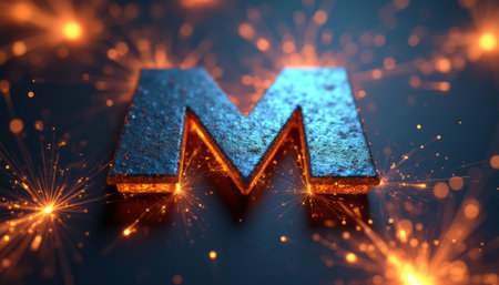 A striking metallic letter M radiates with a warm glow, set against a backdrop of shimmering sparks. This captivating image evokes a sense of creativity and innovation, perfect for branding or artistic projects.の素材