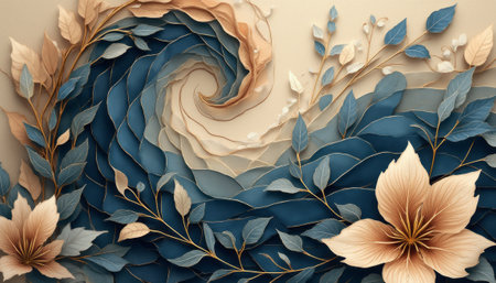 A stunning composition of layered leaves and flowers creates a mesmerizing wave effect, blending soft blues and warm neutrals. This artistic design evokes a sense of tranquility and harmony, inviting viewers to immerse themselves in its serene beauty.の素材