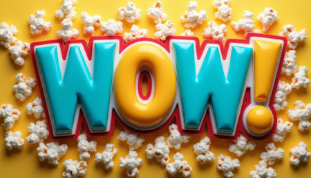A vibrant WOW sign in bold turquoise and yellow hues is playfully surrounded by scattered popcorn on a bright yellow background. This eye-catching image radiates excitement and fun, perfect for evoking a sense of joy and celebration.の素材