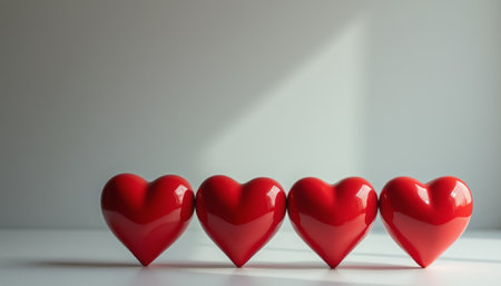 A striking arrangement of four shiny red hearts sits elegantly on a minimalist white surface, bathed in soft natural light. This image radiates warmth and affection, making it a perfect symbol of love and connection.の素材