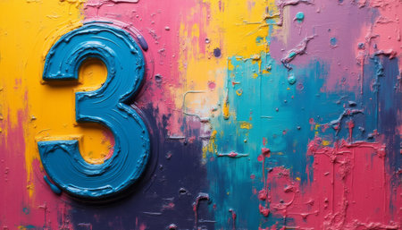 A striking blue number three stands out against a lively, textured backdrop of pink, yellow, and turquoise hues. This dynamic composition evokes a sense of creativity and energy, perfect for projects that celebrate individuality and artistic expression.の素材