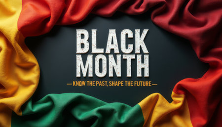 A striking visual featuring the words BLACK MONTH prominently displayed against a backdrop of vibrant, flowing fabric in the colors of the Pan-African flag. This powerful image emphasizes the importance of recognizing history while inspiring future generations to embrace their heritage and identity.の素材
