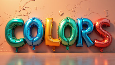 The image features vibrant, metallic balloons forming the word COLORS, radiating joy and creativity. Set against a soft, textured pastel backdrop, this lively scene evokes a sense of celebration and artistic expression, perfect for themes of fun and imagination.の素材