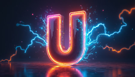 A striking neon letter U radiates with electric colors, surrounded by dynamic blue and orange lightning effects. This captivating image embodies creativity and modernity, making it perfect for branding or artistic projects that seek to convey energy and innovation.の素材