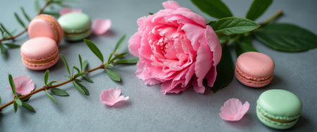 A stunning pink peony blooms gracefully beside an array of pastel macarons, creating a delightful and elegant composition. The soft colors and gentle textures evoke a sense of sweetness and tranquility, perfect for celebrating lifes little pleasures.の素材