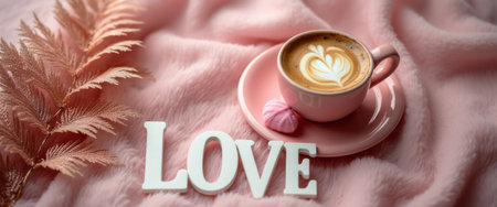 A delightful scene featuring a pink cup of coffee adorned with heart-shaped latte art, resting on a soft pink blanket. Accompanied by a pastel macaron and the word LOVE, this image radiates warmth and affection, perfect for evoking feelings of comfort and romance.の素材