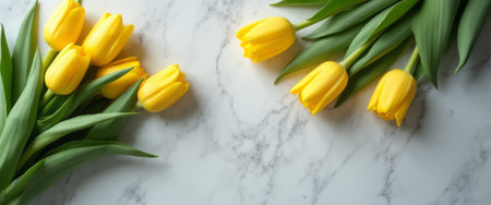 A stunning display of vibrant yellow tulips gracefully sprawls across a sleek marble background, radiating warmth and joy. The lush green leaves complement the cheerful blooms, creating a harmonious blend of natures beauty and elegance.の素材