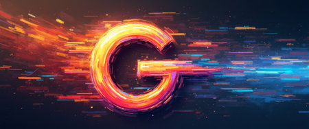 A striking letter G bursts with energy, surrounded by vibrant streaks of orange and blue, creating a sense of motion and excitement. This visually captivating design embodies creativity and innovation, making it perfect for tech-related themes or modern branding.の素材