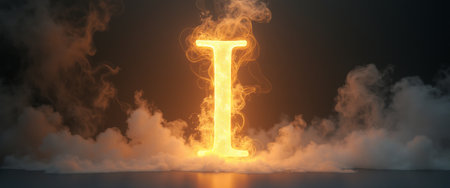 A glowing letter I emerges dramatically from swirling clouds of smoke, creating a captivating visual effect. The interplay of light and shadow evokes a sense of mystery and intrigue, inviting viewers to explore the significance of this striking symbol.の素材