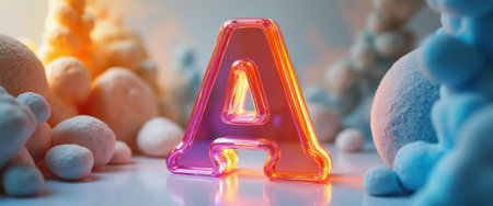 A vibrant, illuminated letter A stands proudly amidst a whimsical landscape of soft, fluffy textures in pastel hues. This enchanting scene radiates creativity and playfulness, inviting viewers to explore the magic of letters and imagination.の素材