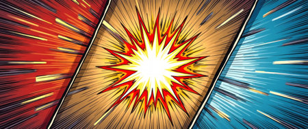A striking comic book explosion bursts forth in a vivid display of red, yellow, and blue, radiating energy and excitement. The bold lines and contrasting colors create a sense of movement and drama, perfect for capturing attention in any creative project.の素材