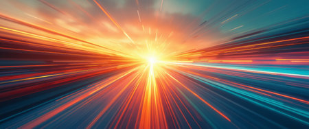 A stunning visual of radiant light beams exploding from a vivid sunset, creating a sense of motion and energy. The image captures the essence of a breathtaking twilight, where colors blend seamlessly, evoking feelings of hope and inspiration.の素材