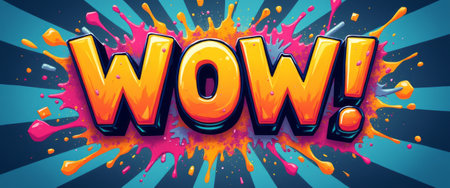 This eye-catching image features the word WOW in large, bold letters, surrounded by a splash of vivid colors that radiate energy and excitement. The dynamic background enhances the playful atmosphere, making it perfect for capturing attention and conveying enthusiasm.の素材