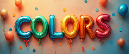 A vibrant arrangement of shiny balloons spells out the word COLORS against a softly lit pastel background. This festive scene bursts with energy and joy, perfect for celebrations, parties, or any event that embraces fun and creativity.の素材
