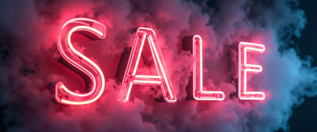 A striking neon SALE sign radiates in bold pink hues, surrounded by a mystical cloud of colorful smoke. This eye-catching image captures the excitement of shopping and promotions, inviting viewers to indulge in irresistible deals.の素材