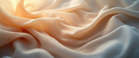 A stunning close-up of luxurious silk fabric undulating gracefully, bathed in a warm, golden glow. The delicate folds and gentle sheen create an inviting atmosphere, evoking feelings of elegance and tranquility.の素材