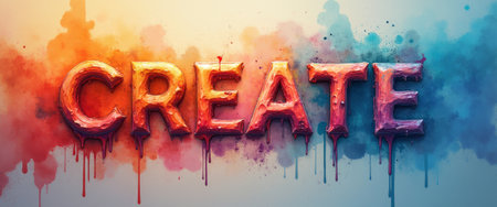 A stunning display of the word CREATE in bold, artistic lettering, surrounded by a splash of vibrant colors. The paint drips down, adding a dynamic and energetic feel, inspiring creativity and artistic expression.の素材