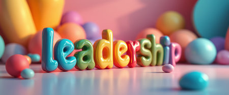 The image features vibrant, glossy letters spelling leadership, set against a backdrop of soft pastel spheres in various sizes. This playful and inviting scene embodies the essence of creativity and innovation, making leadership feel approachable and engaging.の素材
