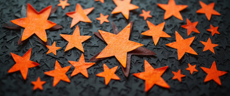 A captivating arrangement of vibrant orange stars is artfully scattered across a rich, textured black surface. This striking contrast creates a dynamic visual that evokes feelings of creativity and celebration, perfect for festive themes or artistic projects.の素材