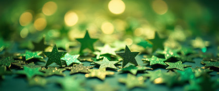 A mesmerizing array of shimmering green stars glistens against a soft, blurred backdrop of golden bokeh lights. This enchanting scene evokes a sense of wonder and celebration, perfect for festive occasions or creative projects.の素材