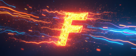 A striking letter F radiates with fiery orange hues, surrounded by electrifying blue and orange energy trails. This captivating image embodies motion and excitement, perfect for tech or gaming themes, evoking a sense of speed and innovation.の素材