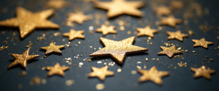A dazzling array of golden stars glimmers against a deep, dark backdrop, creating a magical and festive atmosphere. The shimmering glitter reflects light beautifully, evoking feelings of celebration and wonder, perfect for holiday themes or creative projects.の素材