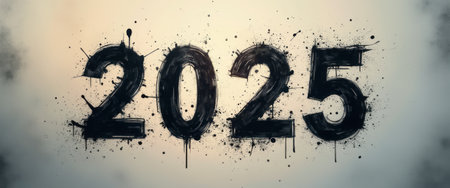 A striking depiction of the year 2025, crafted with bold black splatters and dynamic textures against a soft, muted background. This visually captivating image evokes a sense of anticipation and creativity, perfect for celebrating new beginnings and fresh opportunities.の素材