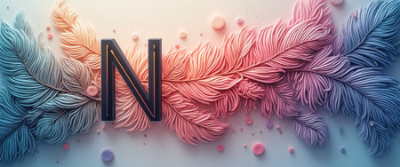 A stunning composition featuring the letter N elegantly nestled among beautifully crafted pastel feathers in shades of pink and blue. This artistic design evokes a sense of creativity and sophistication, inviting viewers to appreciate the delicate textures and harmonious color palette.の素材