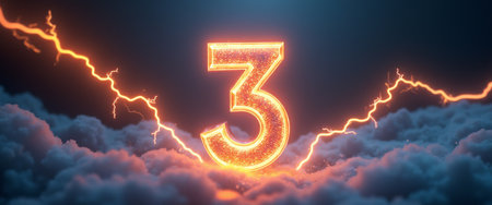 A striking number three glows brilliantly against a backdrop of dark clouds, illuminated by vibrant electric lightning. This dynamic image captures the essence of energy and excitement, making it perfect for themes of celebration or countdowns.の素材